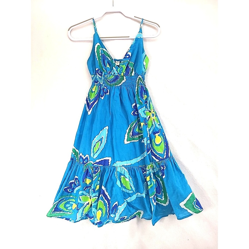 Old‎ Navy Cotton Midi Sundress Sz S Blue Green Floral Smocked Waist Peplum lined